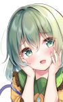  1girl collared_shirt copyright_request frilled_shirt_collar frills green_eyes green_hair hand_on_own_face highres komeiji_koishi portrait shirotsuki_shirone shirt short_hair 