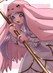 1girl animal_hood cross-shaped_pupils digimon digimon_(creature) grey_eyes grey_hair highres holding holding_polearm holding_weapon hood long_hair looking_at_viewer nun open_mouth polearm sistermon_blanc solo symbol-shaped_pupils takeda_conomi weapon 