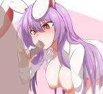  1girl animal_ears bent_over blush breasts collared_shirt commentary_request fellatio hair_over_shoulder handjob hanging_breasts large_breasts long_hair long_sleeves looking_at_penis naked_shirt nipples oral purple_hair rabbit_ears red_eyes reisen_udongein_inaba shirt tongue tongue_out touhou two-tone_background vanishingknife white_shirt 
