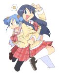  2girls :3 :o back-to-back blue_hair cube_hair_ornament hair_ornament highres leg_up locked_arms looking_to_the_side multiple_girls naganohara_mio naganohara_yoshino nichijou one_eye_closed open_mouth school_uniform short_twintails snowii_cat socks speech_bubble star_(symbol) tokisadame_school_uniform twintails white_background white_socks 