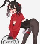  1girl animal_ears beijuu beni-chan_(beijuu) bent_over black_gloves black_hair black_leotard black_pantyhose fake_animal_ears fake_tail fang gloves grey_background hair_between_eyes hair_ornament hairclip leotard long_sleeves looking_at_viewer multicolored_hair open_mouth original pantyhose pink_hair playboy_bunny rabbit_ears rabbit_tail red_eyes simple_background skin_fang solo streaked_hair tail thigh_strap twintails 