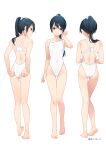  1girl ass bare_arms bare_legs bare_shoulders barefoot black_eyes black_hair closed_mouth commission competition_swimsuit from_behind full_body groin houshou_(kancolle) kantai_collection koruri long_hair looking_at_viewer multiple_views one-piece_swimsuit open_mouth ponytail simple_background skeb_commission smile swimsuit twitter_username wet wet_clothes wet_swimsuit white_background white_one-piece_swimsuit 