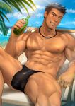  1boy abs alcohol bara bare_pectorals beach black_hair black_male_swimwear bottle bulge chest_hair cloud day earrings facial_hair goatee hairy highres holding holding_bottle jewelry large_pectorals leg_hair long_sideburns male_focus male_swimwear male_underwear male_underwear_peek mature_male mondi_hl muscular muscular_male navel necklace nipples open_clothes open_shirt original outdoors pectorals range_(mondi_hl) shirt short_hair sideburns sidecut sitting sky smile solo teeth thick_thighs thighs twitter_username underwear 