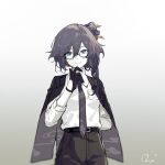  1girl black_gloves black_hair black_jacket black_necktie black_pants blue_eyes closed_mouth collared_shirt earrings formal fu_hua glasses gloves hair_bun hair_ornament highres honkai_(series) honkai_impact_3rd jacket jewelry long_hair necktie open_clothes open_jacket pants qqqne shirt signature single_earring single_hair_bun smile solo upper_body white_shirt 