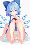  absurdres barefoot blue_bow blue_dress blue_eyes blue_hair bow cirno detached_wings dress fairy_wings feet hair_bow highres ice ice_wings pinafore_dress puffy_short_sleeves puffy_sleeves short_hair short_sleeves sleeveless sleeveless_dress smile touhou wings xalvail 