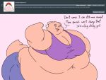  2018 4:3 anthro ask_blog batspid2 belly big_belly big_breasts bottomwear breasts clothing crop_top cutoffs denim denim_clothing dialogue digital_drawing_(artwork) digital_media_(artwork) english_text exclamation eyebrows eyelashes female flabby_arms flat_colors flexing flexing_bicep frill_(anatomy) head_crest head_frill juna_(batspid2) lizard membrane_(anatomy) membranous_frill morbidly_obese morbidly_obese_anthro morbidly_obese_female navel obese obese_anthro obese_female overweight overweight_anthro overweight_female pink_background pink_body pink_skin purple_eyes reptile scalie shirt shorts simple_background smile solo tail text topwear wide_hips 