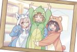  3girls :d ;) ^_^ absurdres animal_costume animal_hands arms_up bear_costume blue_hair blunt_bangs bookshelf brown_eyes brown_hair closed_eyes colored_inner_hair commentary dinosaur_costume double_v facing_viewer fang gloves grey_hair grin hair_between_eyes highres hood hood_up hozuki_momiji indoors light_blush looking_at_viewer matching_outfit multicolored_hair multiple_girls oka_asahi one_eye_closed onesie onii-chan_wa_oshimai! open_mouth oyama_mahiro paw_gloves photo_(medium) smile tsubatya two-tone_hair v wolf_costume zipper_pull_tab 