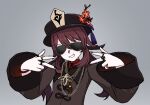  1girl aviator_sunglasses black_headwear black_nails brown_hair chinese_clothes clenched_teeth collared_coat commentary english_commentary flower genshin_impact gold_necklace grey_background grin hair_between_eyes hands_up hat hat_flower hat_tassel highres hu_tao_(genshin_impact) jewelry long_hair multiple_rings necklace plum_blossoms porkpie_hat ring smile solo sunglasses teeth twintails upper_body w xandier59 