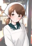  1girl apron blurry blurry_background brown_eyes brown_hair furaggu_(frag_0416) head_scarf highres japanese_clothes kantai_collection kappougi kitchen looking_at_viewer low_twintails official_alternate_costume school_uniform serafuku shirayuki_(kancolle) short_hair short_twintails smile solo twintails upper_body 