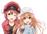  2girls ae-3803 ahoge baseball_cap bent_over black_shirt blue_shirt blush brown_eyes brown_hair cabbie_hat collarbone commentary hair_between_eyes hat hat_writing hataraku_saibou headwear_writing jacket leaning_forward long_hair looking_at_viewer multiple_girls one_eye_closed open_clothes open_jacket open_mouth platelet_(hataraku_saibou) red_blood_cell_(hataraku_saibou) red_hair red_headwear red_jacket shirt short_hair short_sleeves side-by-side simple_background smile t-shirt translated upper_body v v_over_eye very_long_hair white_background white_headwear youthpaint 