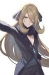  1girl absurdres bin_(bottle_crown) black_coat black_pants blonde_hair coat cynthia_(pokemon) fur-trimmed_coat fur_collar fur_trim grey_eyes hair_ornament hair_over_one_eye highres long_hair long_sleeves looking_at_viewer pants pokemon pokemon_(game) pokemon_dppt simple_background solo v-neck very_long_hair wavy_hair white_background 