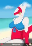  anthro beach blush breasts clothing commandg female generation_3_pokemon latias legendary_pokemon looking_at_viewer nintendo pokemon pokemon_(species) seaside solo swimwear 