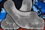  4_fingers 5_toes anthro azura_(aimpunch) black_clothing black_nose blue_body blue_hair blue_nails clothing colored_nails countershade_face countershading dirty_socks eyes_closed facial_markings feet feet_crossed fingers foot_focus footwear fur grey_clothing grey_footwear grey_socks hair head_markings hi_res inner_ear_fluff lying male mammal markings mask_(marking) nails pink_background plantigrade procyonid raccoon raccoon_tail red_background reverse_countershading sebafox simple_background smile socks solo toes tuft two_tone_tail 