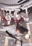  1girl alice_(alice_in_wonderland) alice_in_wonderland ball_and_chain_(weapon) ball_and_chain_restraint bow bowtie falling full_body hairband highres pillar puffy_sleeves red_eyes red_hairband ruler shoes solo spiked_ball_and_chain triangle wakuseiy white_hair wrist_cuffs 