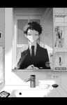  1boy adjusting_clothes bathroom blazer cup door expressionless faucet greyscale highres jacket kazama_souya kzmsnmjkk letterboxed light_switch long_sleeves male_focus mirror monochrome necktie reflection reflection_focus sink soap solo spiked_hair straight-on suit sunlight toothpaste towel world_trigger 