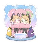  2girls animal_ear_headphones animal_ears black_thighhighs blonde_hair blue_archive cat_ear_headphones cat_ears cat_tail chibi closed_mouth commentary_request fake_animal_ears fake_tail green_eyes green_halo halo headphones highres looking_at_viewer midori_(blue_archive) momoi_(blue_archive) multiple_girls ochamaru open_mouth pink_eyes pink_halo short_hair siblings sisters sitting tail thighhighs twins 