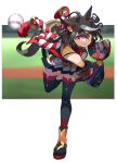  1girl ahoge animal_ears baseball baseball_mitt black_hair black_socks bob_cut commentary_request detached_sleeves ear_ribbon frown full_body hair_between_eyes highres horse_ears horse_girl horse_tail kitasan_black_(umamusume) kouhaku_nawa leg_up looking_at_viewer medium_hair miniskirt motion_blur multicolored_hair nishiki_kazue pitching pleated_skirt red_eyes rope sandals shimenawa skirt socks solo standing standing_on_one_leg tabi tail thighhighs two-tone_hair umamusume 