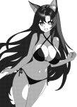  1girl animal_ears bare_arms bare_legs bare_shoulders bikini breasts cleavage collarbone fang fingernails greyscale groin imaizumi_kagerou large_breasts long_fingernails long_hair monochrome navel onkn_sxkn open_mouth sharp_fingernails simple_background smile solo swimsuit tail thigh_gap touhou white_background wolf_ears wolf_tail 