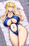  1girl :o ahoge akitsuki_karasu artoria_pendragon_(fate) artoria_pendragon_(lancer)_(fate) back blonde_hair blue_one-piece_swimsuit braid breasts clothing_cutout crown_braid curvy fate/grand_order fate_(series) green_eyes hair_between_eyes highleg highleg_swimsuit highres huge_breasts large_breasts long_hair looking_at_viewer lying navel navel_cutout on_back on_floor one-piece_swimsuit open_mouth solo stomach swimsuit thighs tile_floor tiles towel wet wide_hips 