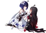  2girls :d absurdres ahoge bare_shoulders black_dress blush bob_cut boots bu_weizhuang dress flower full_body gloves grin hair_flower hair_ornament hand_on_another&#039;s_chin heart highres honkai_(series) honkai_impact_3rd long_hair multiple_girls open_mouth red_gloves seele_(alter_ego) seele_vollerei seele_vollerei_(starchasm_nyx) seele_vollerei_(stygian_nymph) selfcest simple_background smile teeth thigh_boots thighhighs white_background white_dress white_flower white_gloves white_thighhighs yuri 