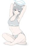  1girl armpits blue_archive blue_eyes blush bra breasts calvin_klein cleavage cross_hair_ornament ear_piercing extra_ears grey_hair hair_ornament halo highres masabodo midriff navel piercing shiroko_(blue_archive) simple_background solo sports_bra underwear 