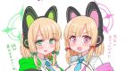  2girls alternate_breast_size animal_ear_headphones animal_ears blonde_hair blue_archive blue_necktie blush bow breasts cat_ear_headphones commentary fake_animal_ears green_bow green_eyes green_halo hair_bow halo headphones looking_at_viewer medium_breasts midori_(blue_archive) momoi_(blue_archive) multiple_girls necktie open_mouth pink_eyes pink_halo red_bow sacha short_hair siblings simple_background sisters smile symbol-only_commentary translation_request twins upper_body white_background 