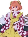  1girl absurdres apron bell book checkered_clothes checkered_kimono clothes_writing commission glasses hair_bell hair_ornament highres holding holding_book japanese_clothes jingle_bell kimono long_sleeves looking_at_viewer motoori_kosuzu mugi_(mugimugi_9kv) red_eyes red_hair round_eyewear short_hair simple_background skeb_commission solo touhou two_side_up white_background wide_sleeves yellow_apron 