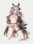  1girl absurdres arknights bare_shoulders barefoot blush breasts censored closed_mouth commentary english_commentary erection full_body futanari grey_background grey_hair grey_jacket highres jacket kneeling long_hair long_sleeves looking_at_viewer medium_breasts navel newhalf nipples one_eye_closed open_clothes open_jacket penis precum precum_drip red_eyes see-through simple_background solo tail testicles togekk0 uncensored weedy_(arknights) 