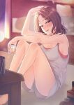  1girl absurdres alcohol arm_on_knee bad_id bad_pixiv_id barefoot blurry blush bokeh bottle breasts brown_hair cleavage cup depth_of_field drink fingernails hand_in_own_hair highres holding holding_cup ice_bucket knees_up legs liquor looking_at_viewer medium_breasts medium_hair mizuiro_32 nail_polish on_floor open_mouth original pink_nails purple_eyes shorts sitting solo tank_top thighs toes 