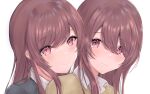  2girls blush brown_hair highres idolmaster idolmaster_shiny_colors looking_at_viewer multiple_girls osaki_amana osaki_tenka portrait red_eyes school_uniform siblings sidelocks simple_background sisters smile straight_hair tadano_hitonari_(vpek3573) twins white_background 