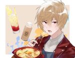  1boy albert_(shingeki_no_bahamut) apron blonde_hair blue_apron border bottle brown_background cheese coffee cooking_pot cup drink drinking_glass drinking_straw eating egg_yolk food fork granblue_fantasy gratin hair_between_eyes highres holding holding_fork jacket light_brown_hair looking_at_viewer male_focus milk multicolored_background open_clothes open_jacket open_mouth outside_border red_eyes red_jacket shirt short_hair simple_background soda solo teeth tray turtleneck upper_body white_border white_shirt wooden_tray yakota_(usuk-yako) 