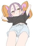  1girl absurdres arms_up black_shirt blue_shorts blush brown_eyes commentary_request forehead hair_between_eyes highres looking_at_viewer lying navel on_back parted_bangs parted_lips purple_hair shirt short_shorts short_sleeves shorts simple_background solo soredemo_ayumu_wa_yosetekuru white_background yamamoto_souichirou yaotome_urushi yes yes-no_pillow 