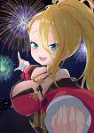  1girl bare_shoulders blonde_hair blue_archive blue_eyes braid breasts commentary_request fireworks halo happy highres jakomurashi japanese_clothes large_breasts long_hair pina_(blue_archive) pointing ponytail side_braid simple_background single_braid smile solo very_long_hair weapon 