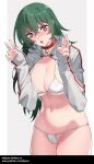  1girl bandaid bandaid_on_face bell blush bra breasts cameltoe collar green_hair highres jacket jingle_bell jjune leaning_to_the_side long_hair navel open_mouth original panties red_eyes solo sweat trembling underwear v white_bra white_panties 