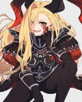  1girl absurdres anianiani0607 armor black_bodysuit blonde_hair bodysuit cape dragon_horns fate/grand_order fate_(series) fur-trimmed_cape fur_trim highres horns long_hair nero_claudius_(fate) pointy_ears queen_draco_(fate) queen_draco_(third_ascension)_(fate) red_eyes red_scales sitting 