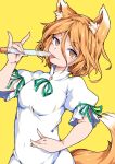  1girl animal_ears blonde_hair breasts fox_ears fox_girl fox_tail green_ribbon hair_between_eyes highres holding holding_test_tube ishimu kudamaki_tsukasa leaning_to_the_side licking licking_object looking_at_viewer medium_breasts medium_hair neck_ribbon puffy_short_sleeves puffy_sleeves ribbon short_sleeves simple_background sleeve_ribbon solo tail test_tube tongue tongue_out touhou white_romper yellow_background yellow_eyes 