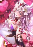 1girl absurdres animal_ears black_bow blue_eyes blurry blurry_foreground blush bow bowtie breasts fake_animal_ears fate/grand_order fate_(series) flower gloves grey_hair grey_pantyhose heart highres long_hair marie_antoinette_(fate) medium_breasts open_mouth pantyhose playboy_bunny rabbit_ears red_bow red_bowtie red_flower red_rose ribbon rose solo totomiya white_gloves white_ribbon 