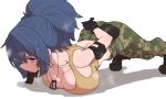  armlet bare_shoulders belt blue_eyes blue_hair breasts camouflage camouflage_pants cleavage dog_tags earrings exercise gloves hand_on_back inconvenient_breasts jewelry large_breasts leona_heidern pants ponytail push-ups sports_bra steam steaming_body sumiyao_(amam) sweat tank_top the_king_of_fighters the_king_of_fighters_xv training triangle_earrings 