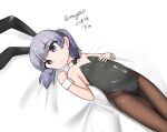  1girl absurdres animal_ears bare_shoulders black_bow black_bowtie black_leotard bow bowtie detached_collar fake_animal_ears flat_chest highres kantai_collection leotard lying maru_(marg0613) one-hour_drawing_challenge ooshio_(kancolle) pantyhose playboy_bunny purple_eyes purple_hair rabbit_ears short_hair solo strapless strapless_leotard twintails wrist_cuffs 