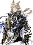  1boy ahoge animal_ear_fluff animal_ears arknights armor black_coat black_scarf blonde_hair coat cowboy_shot gauntlets gloves hair_over_one_eye highres horse_boy horse_ears long_hair looking_at_viewer male_focus mlynar_(arknights) parted_lips ponytail remsrar scarf simple_background solo upper_body white_background yellow_eyes 