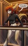  absurd_res anthro bar bottomless canid canine clothed clothing club_(disambiguation) conrie eyewear female female_focus fennec fox genitals glasses hi_res latex latex_shirt leaning looking_at_viewer mammal pussy shirt standing text topwear 