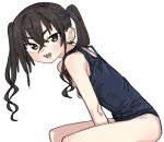  1girl between_legs black_eyes black_hair blue_one-piece_swimsuit blush breasts commentary_request hair_between_eyes hand_between_legs idolmaster idolmaster_cinderella_girls long_hair looking_at_viewer matangom mole mole_under_eye one-piece_swimsuit open_mouth school_swimsuit simple_background sitting sketch small_breasts solo sunazuka_akira swimsuit twintails wet white_background 