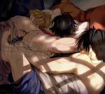  3boys barefoot bead_necklace beads bed bed_sheet black_hair blonde_hair blue_shorts dm_0820 hand_on_another&#039;s_back jewelry lying male_focus messy_hair monkey_d._luffy morning multiple_boys muscular muscular_male necklace on_bed on_stomach one_piece pillow portgas_d._ace sabo_(one_piece) short_hair shorts siblings sleeping toenails toes topless_male twitter_username 