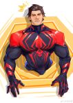  1boy absurdres animal_print artist_request bara blue_bodysuit bodysuit broad_shoulders hair_slicked_back highres large_pectorals looking_at_viewer male_focus marvel miguel_o&#039;hara muscular muscular_male pectorals print_bodysuit red_bodysuit short_hair solo spider-man:_across_the_spider-verse spider-man_(2099) spider-man_(series) spider_print stuck thick_eyebrows through_wall two-tone_bodysuit 