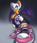  2023 absurd_res anthro bat blue_eyes bottomwear breasts cleavage clothed clothing eyeshadow female footwear fur hi_res makeup mammal membrane_(anatomy) membranous_wings nike pants rouge_the_bat sega shoes signature simple_background solo sonic_the_hedgehog_(series) tan_body tan_skin white_body white_fur wings zframe 