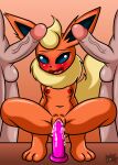  anthro balls big_penis blonde_hair bodily_fluids breasts dildo dildo_sitting eeveelution female flareon fur generation_1_pokemon genital_fluids genitals group hair hi_res interspecies male male/female nintendo nipples open_mouth orange_body orange_fur penetration penis pokemon pokemon_(species) pokephilia pussy pussy_juice sex_toy sirjzau size_difference small_breasts tan_body tan_skin trio vaginal 