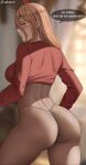  1girl artist_name ass blonde_hair blurry blurry_background blush breasts chainsaw_man closed_mouth cross-shaped_pupils from_behind hair_between_eyes highres horns large_breasts long_hair long_sleeves looking_at_viewer looking_back oroborus panties power_(chainsaw_man) red_horns shirt solo symbol-shaped_pupils thighs thong underwear 