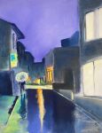  1boy blue_sky city highres holding holding_umbrella light night night_sky original painting_(medium) pastel_(medium) path reflective_floor road sakaue111 scenery sky solo street traditional_media umbrella window 