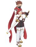  1boy black_gloves black_mask boots brown_eyes brown_hair english_commentary full_body gloves highres holding holding_sword holding_weapon lloyd_irving lloyd_irving_(fang_of_the_white_lions) male_focus official_alternate_costume official_art red_scarf scarf short_sleeves sword tales_of_(series) tales_of_asteria tales_of_symphonia thigh_boots weapon 