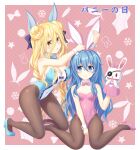  2girls :o animal_ears black_pantyhose blonde_hair blue_eyes blue_footwear blue_hair blue_leotard border breasts carrot_print chinese_commentary covered_navel date_a_live eyepatch fake_animal_ears food_print high_heels highres hoshimiya_mukuro large_breasts leotard long_braid long_hair multiple_girls open_mouth pantyhose pink_footwear pink_leotard pink_ribbon playboy_bunny rabbit_ears ribbon sitting small_breasts smile snowflakes thighs tsubasaki wariza white_border wrist_cuffs yellow_eyes yoshino_(date_a_live) yoshinon 